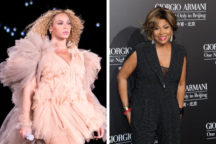 On the left, Beyonce performs in a puffy dress; on the right, Tina Turner poses on a red carpet.