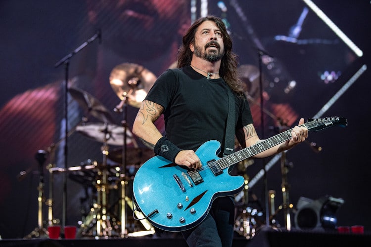 Dave Grohl plays the guitar during a Foo Fighters show